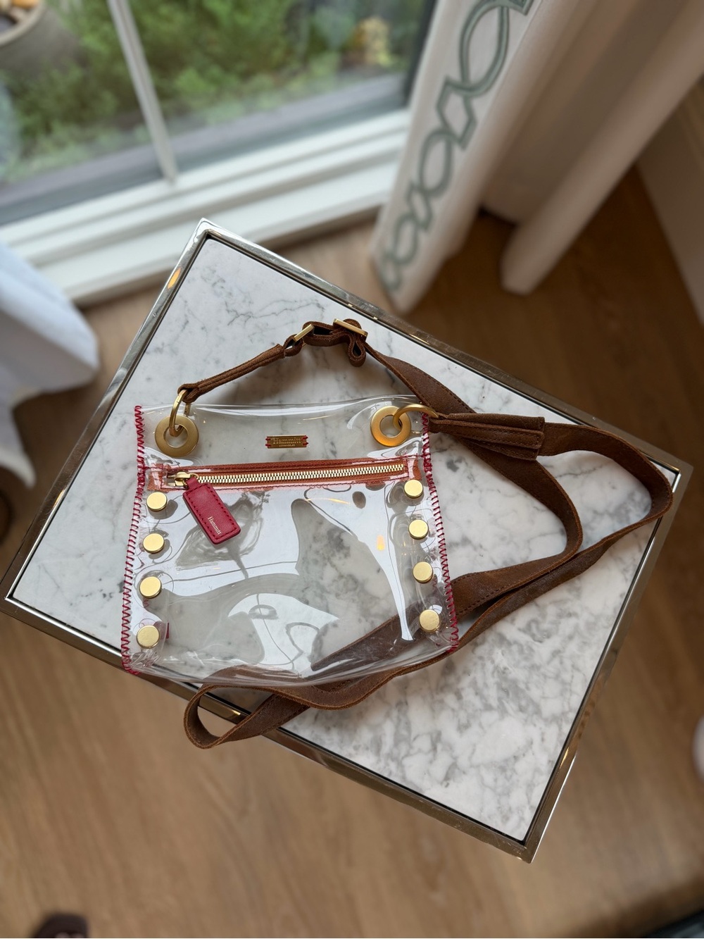 Hammitt Tony Clear Small Crossbody Brown Red Gold Stadium Bag